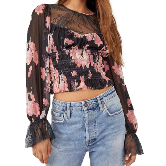 Free People Floral Lace Ruffle Top Womens Small Cropped Bell Sleeve Romantic Y2K - Picture 1 of 11